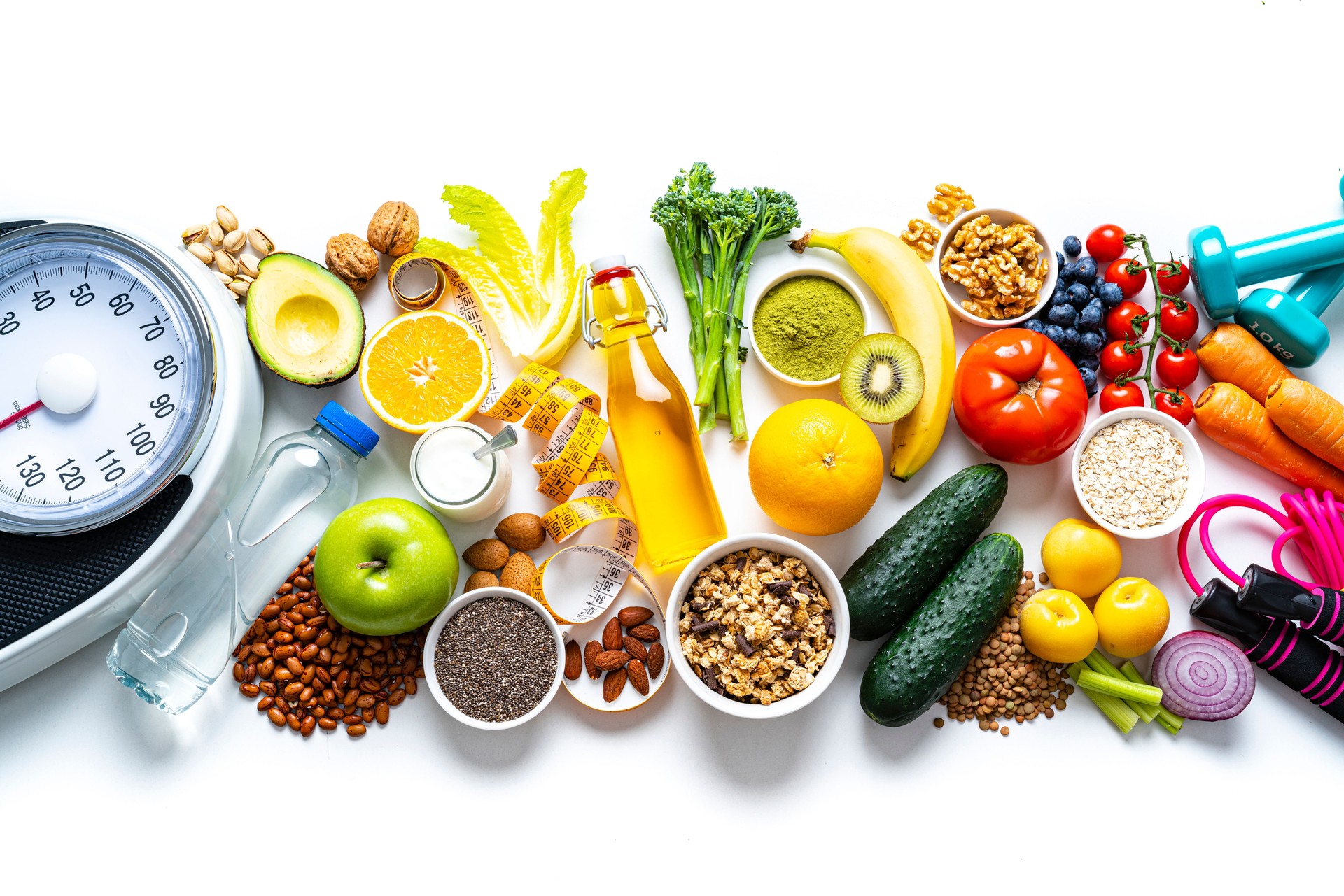 Healthy food, exercising and weight control concept